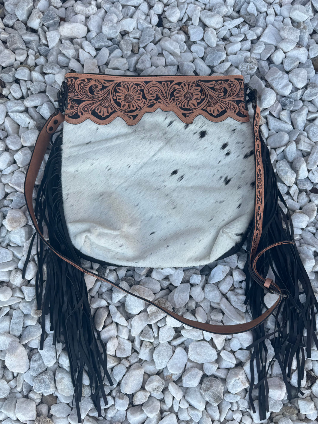 Cowhide fringe crossbody