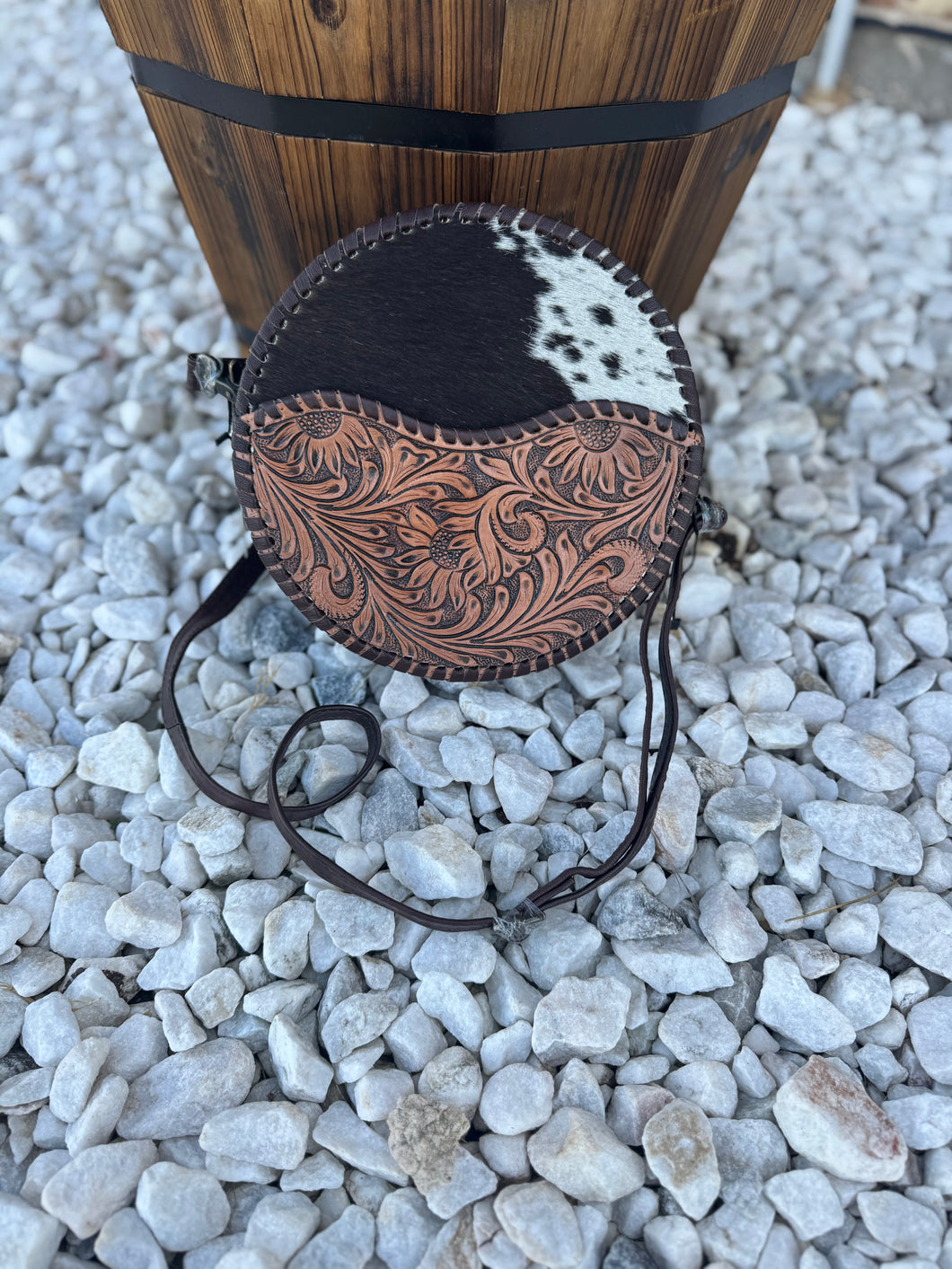 Tooled leather cowhide canteen bag