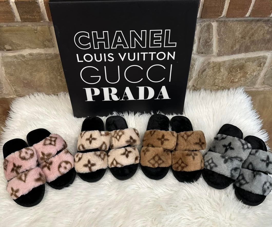 L V fur slippers